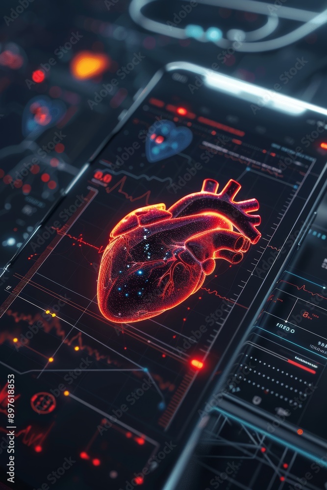 Aufkleber futuristic heart health monitoring device integrated with smartphone displaying detailed metrics