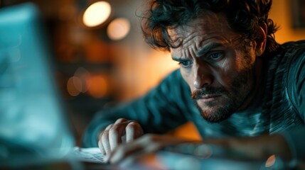 A close-up shot of a person focusing intensely on computer work in an indoor setting, with warm lighting creating a cozy and concentrated atmosphere.