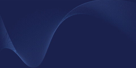 Dark blue abstract background, vector waves of flowing particles, curved lines of moving dots, technology and science theme, airy and easy futuristic.