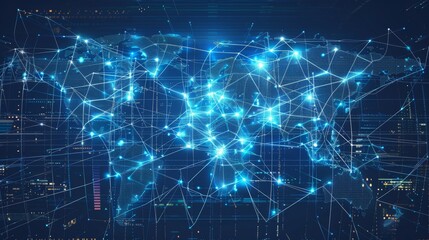 Futuristic Global Data Exchange Network with Digital World Map Connections for Tech Designs