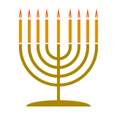 Hanukkah menorah isolated. Traditional Judaic Hanukah symbol. Jewish candle holder with nine candles on white background. Flat vector illustration