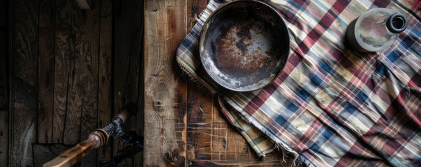 An overhead shot of a wooden table with a checkered tablecloth and an old, worn-out pan. The arrangement evokes a sense of nostalgia and homeliness.