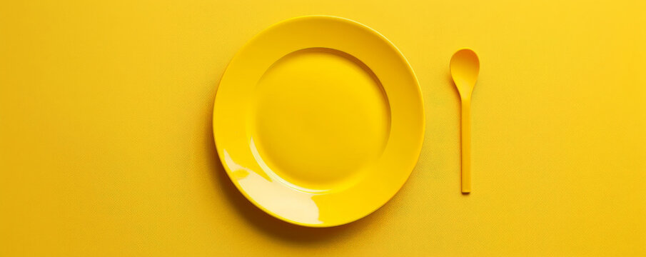 Party concept with a blank yellow plate on a yellow table, seen from above. The bright yellow creates a cheerful vibe. Plenty of room for text.