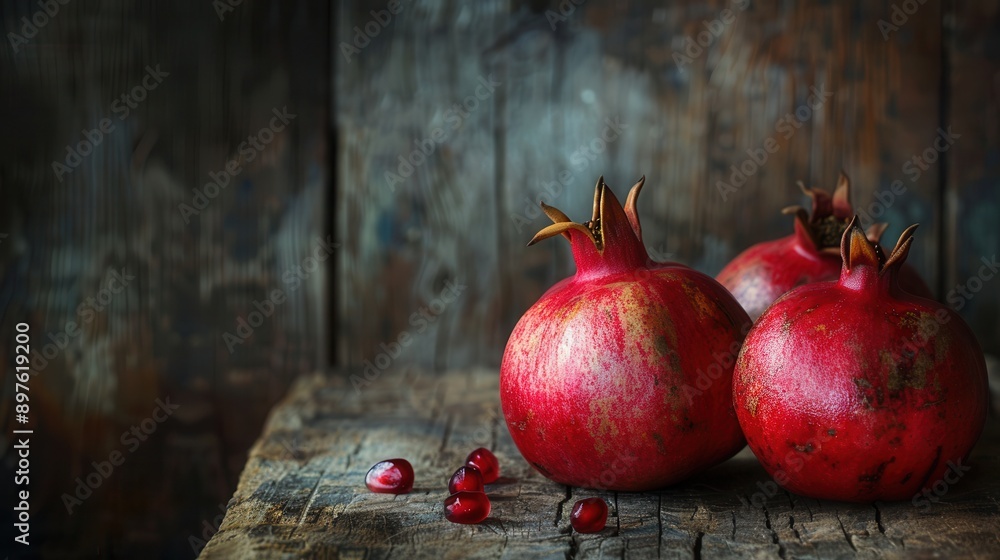 Poster three ripe pomegranates with seeds sit on a rustic wooden surface. the pomegranates are red and juic