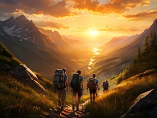Fototapeta premium Adventure group hiking in the mountains during summer, with people trekking together at sunset. Young tourists with backpacks walk along the nature trail, enjoying an active outdoor journey.