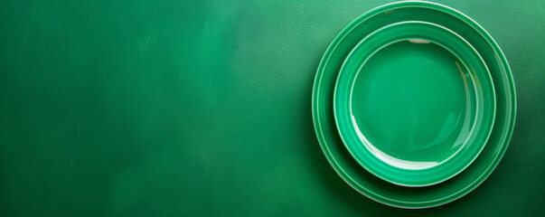 Party design featuring a blank emerald green plate on an emerald green table, viewed from above. The vibrant emerald green brings a rich and lively feel. Plenty of room for text.