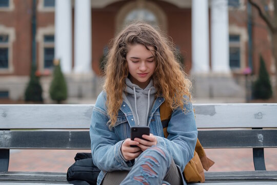 Teenage girl using a smartphone while sitting on a bench, representing connectivity and social media. Concept for modern communication, suitable for Safer Internet Day - Powered by Adobe