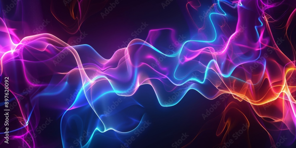 Poster abstract neon light waves creating vibrant, dynamic patterns in a dark background, perfect for moder
