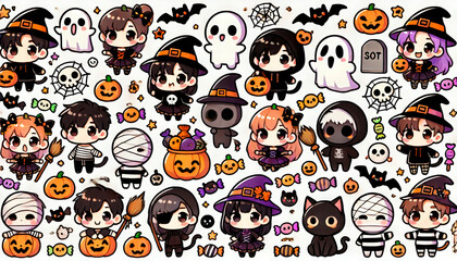 Obraz premium Cute Halloween-themed sticker set featuring characters in witch costumes, pumpkins, ghosts, bats, and candy. Perfect for holiday decorations, social media, and party invitations. Ideal for businesses 