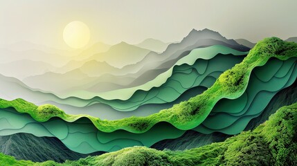 Abstract depiction of climate change solutions for remote work, bold colors and dynamic shapes, green and innovative, ample text space