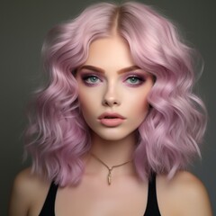 Fototapeta premium Girl with pink, purple hair, makeup, hair, skincare, beauty concept
