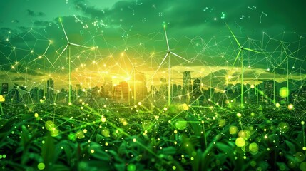 Abstract depiction of green energy and social media integration, bold colors and dynamic shapes, eco-friendly and connected, ample text space