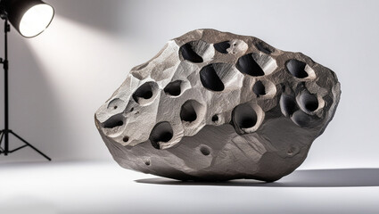 Dramatic and Textured Meteorite Suspended in Mid-Air, Isolated on Pure White Background