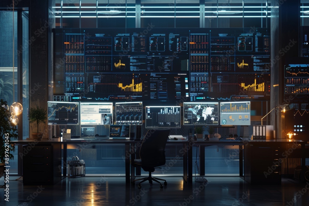 Poster nighttime office with tech professional monitoring real-time data exchange processes for 24/7 data m