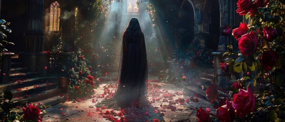 Dark fantasy scene of a classic romance book cover with mystical and romantic elements, leaving space for text