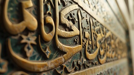 A close-up of the calligraphy art decorating the interior walls of a mosque.