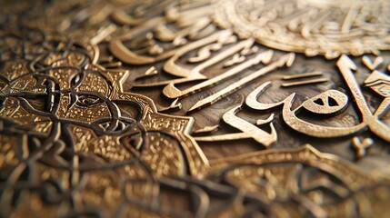 A close-up of the calligraphy art decorating the interior walls of a mosque.