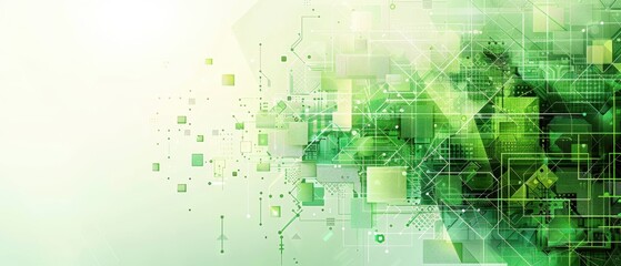 Minimalist depiction of AI and green technology, geometric shapes and green tones, clean and innovative, space for text