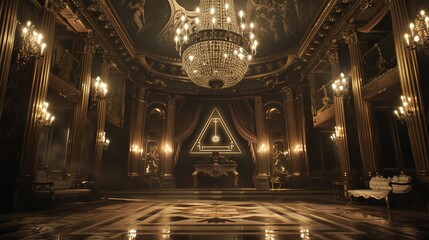 Obraz premium A grand, darkened hall with an ornate chandelier and an Illuminati symbol projected on the wall.