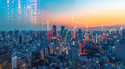 Forex Market Data in a City Skyline at Dusk with Currency Exchange Rates Overlay for Financial Insights