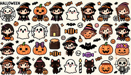 Obraz premium Cute Halloween-themed sticker set featuring characters in witch costumes, pumpkins, ghosts, bats, and candy. Perfect for holiday decorations, social media, and party invitations. Ideal for businesses 