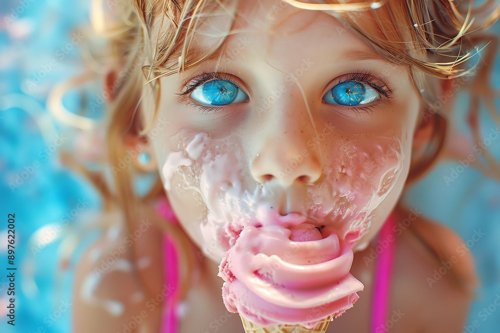Poster close-up of a child enjoying a pink ice cream cone on a sunny day, with a playful expression and mes
