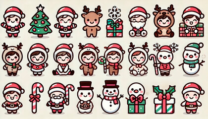 Fototapeta premium Adorable Christmas-themed sticker set featuring cute characters dressed as Santa, reindeer, and elves, along with Christmas trees, presents, candy canes, and gingerbread houses on a white background. 
