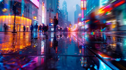 a vibrant cityscape at dusk, colorful neon lights