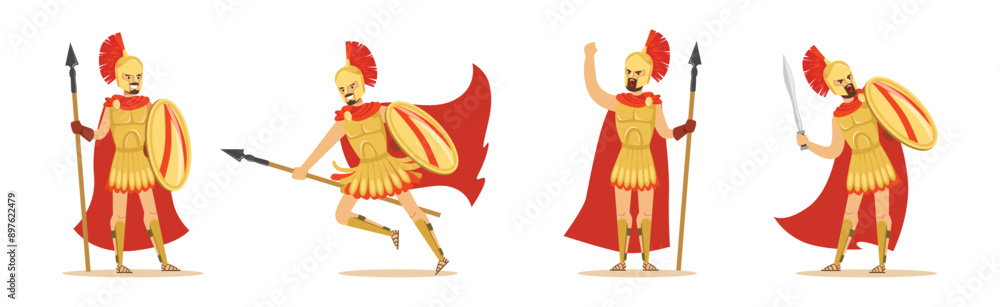 Poster spartan man in red cloak and helmet armed with spear, sword and shield attacking vector set