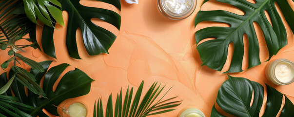 Top view of spa beauty products on a color surface, highlighted by lush tropical leaves. The spacious layout is ideal for adding text or design components.