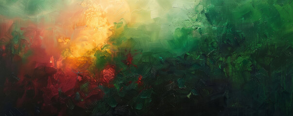 Fototapeta premium Abstract oil painting with radiant green and red hues. The glowing colors blend harmoniously, creating a vibrant and lively visual experience that showcases the depth of the oil paint texture.