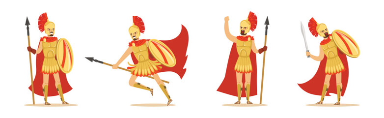 Spartan Man in Red Cloak and Helmet Armed with Spear, Sword and Shield Attacking Vector Set
