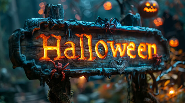 Close up. a wooden sign. scene of Halloween, Dim moonlight, with a dark ancient castle as the background, bats flying in the air, ghosts appearing on terrifying pumpkins, and large red and black spide