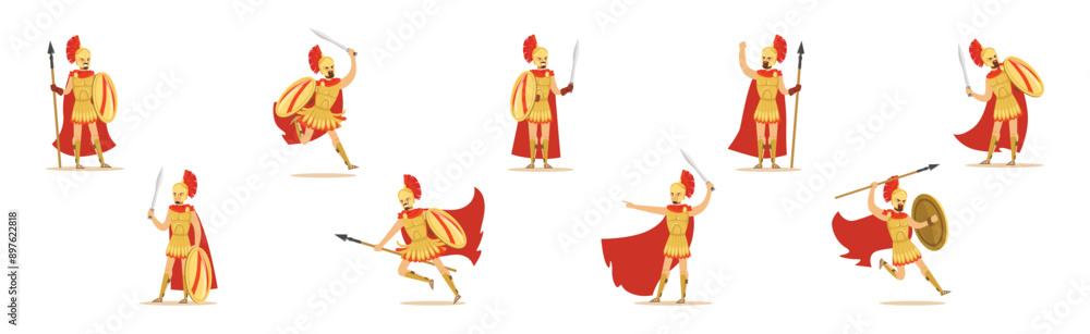 Poster spartan man in red cloak and helmet armed with spear, sword and shield attacking vector set