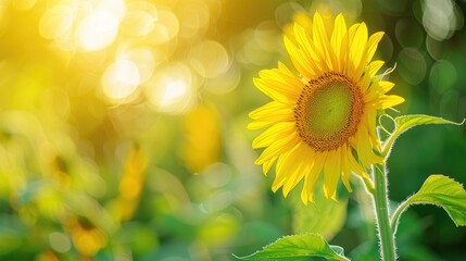 Obraz premium Blooming sunflower against yellow green natural background with bokeh close up view