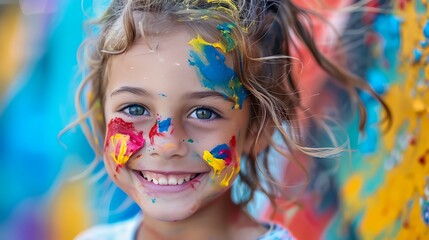 Obraz premium a little girl with her face painted with colors