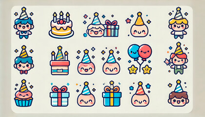 Cute birthday-themed sticker set featuring adorable characters with party hats, cakes, presents, balloons, and candles on a white background. Perfect for birthday decorations, scrapbooking, and statio