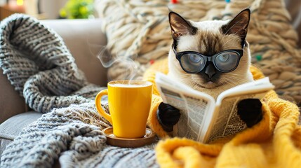 Siamese cat wearing glasses reads newspaper by steaming coffee on chair with cup on table