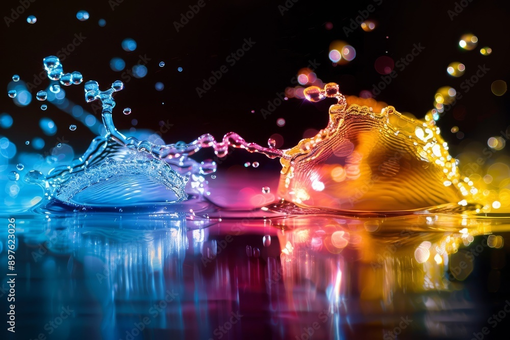 Poster a stunning close-up of colorful water splashes captured at high speed, creating a mesmerizing visual
