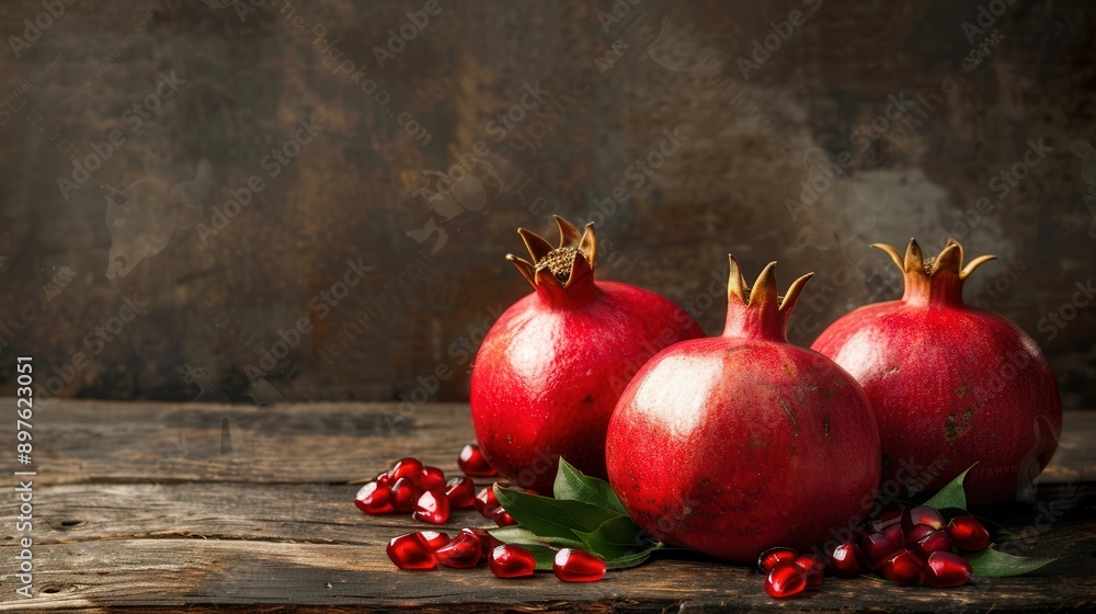 Poster three ripe pomegranates with seeds are arranged on a rustic wooden table, with some seeds scattered 