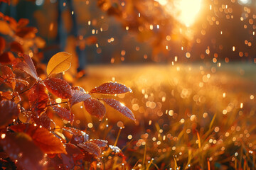 Autumn leaves on bush on lawn with bokeh effect to sunset.