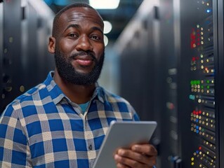 A man stands in a server room and looks at a tablet