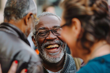 Obraz premium A joyful older man with glasses laughing heartily in a close interaction with two others, creating a warm and happy atmosphere.