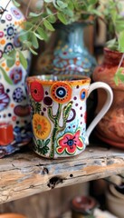 Hand-Painted Ceramic Mug with Whimsical Floral Designs on Rustic Wooden Shelf for Home D&eacute;cor