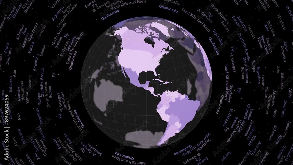 Poster rotating globe. dark translucent globe with round geographical names text. amazing spinning planet. 