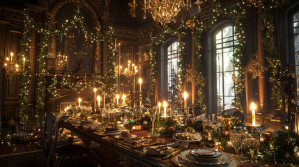 Fototapeta premium Elegant Holiday Banquet: Festive Dining Room Set for Christmas Dinner