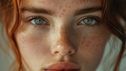 Fototapeta premium A close-up portrait of a young woman with freckles and blue eyes. She has a serious expression on her face