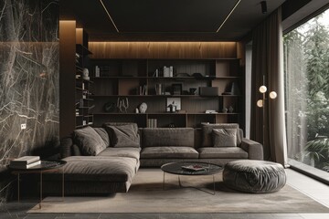 Interior of modern living room with dark wooden walls, concrete floor, comfortable brown sofa and bookcase.