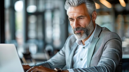 Obraz premium A man in a blazer types on a laptop while sitting at a table in an office