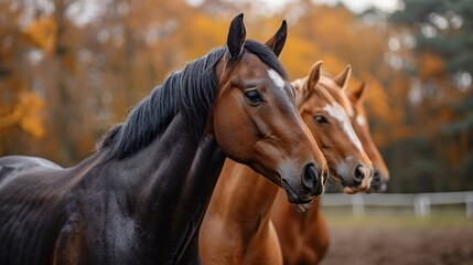 Fototapeta premium Three horses stand together in a field, looking towards the camera, with a blurred background of golden autumn leaves